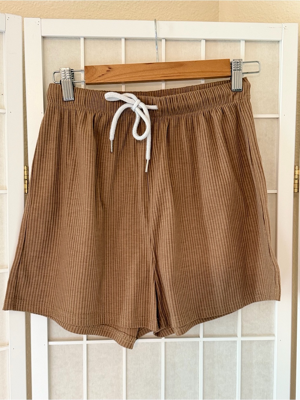 SHEIN Tan Ribbed Casual Drawstring Shorts Medium